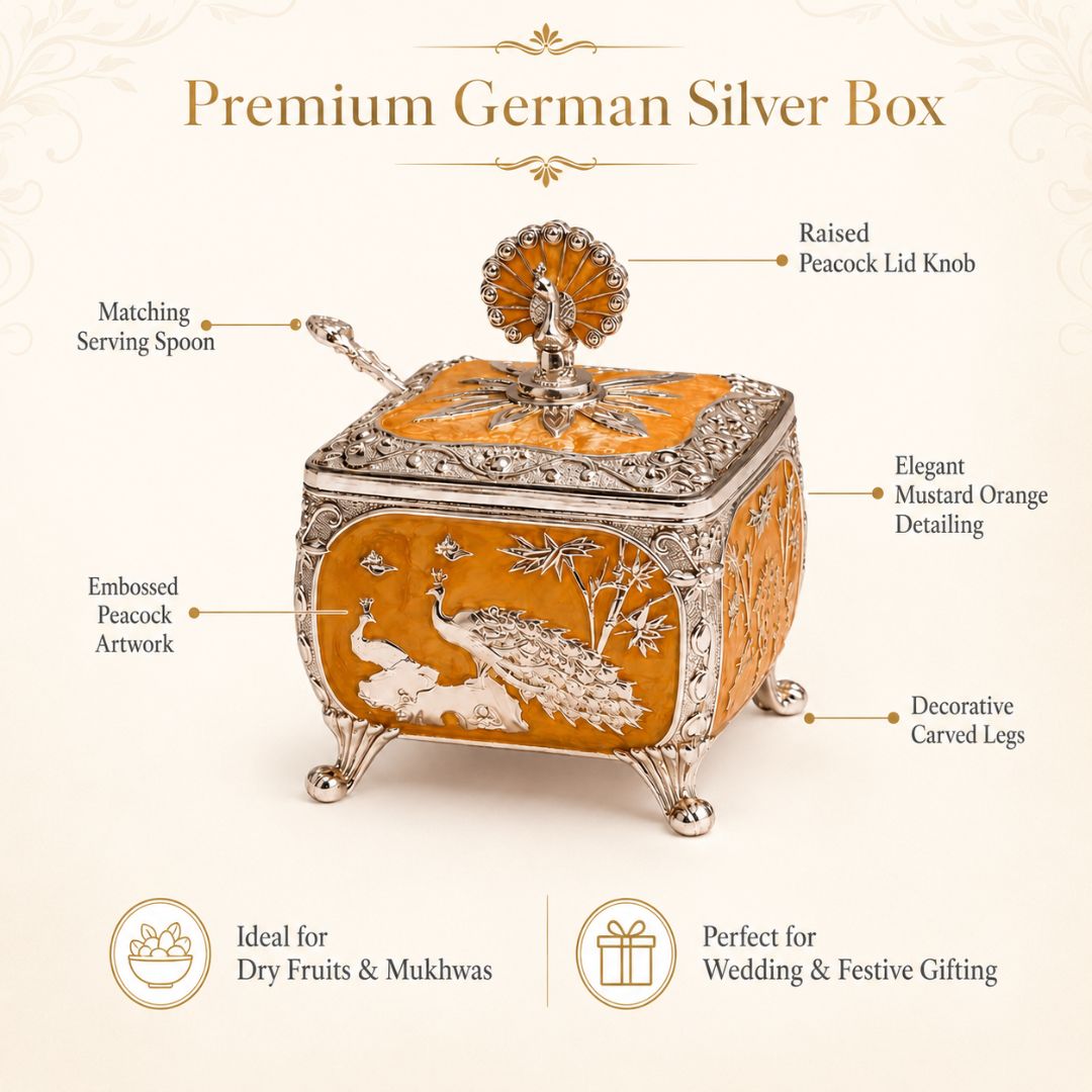 Royal Peacock German Silver Dry Fruit Box – Orange Finish (4 x 4 Inch)
