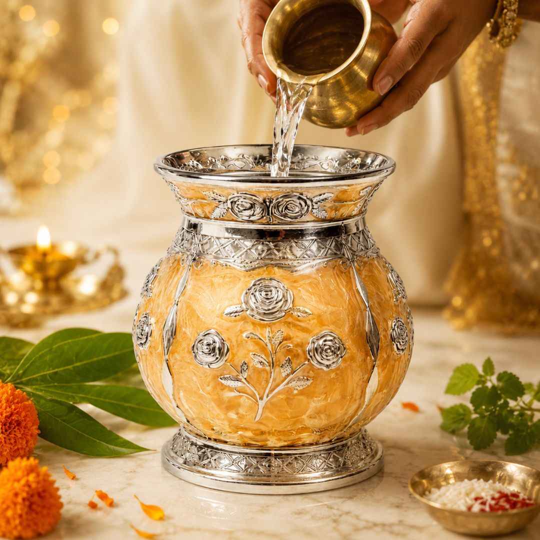 German Silver Floral Kalash with Yellow Enamel Work