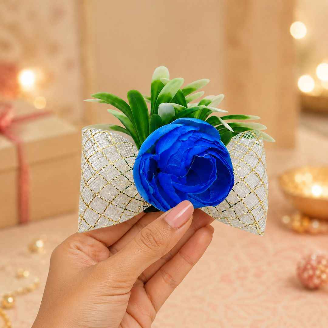 Set of 5 Blue Floral Golden Bow Decoration Accessories for Hamper Packing