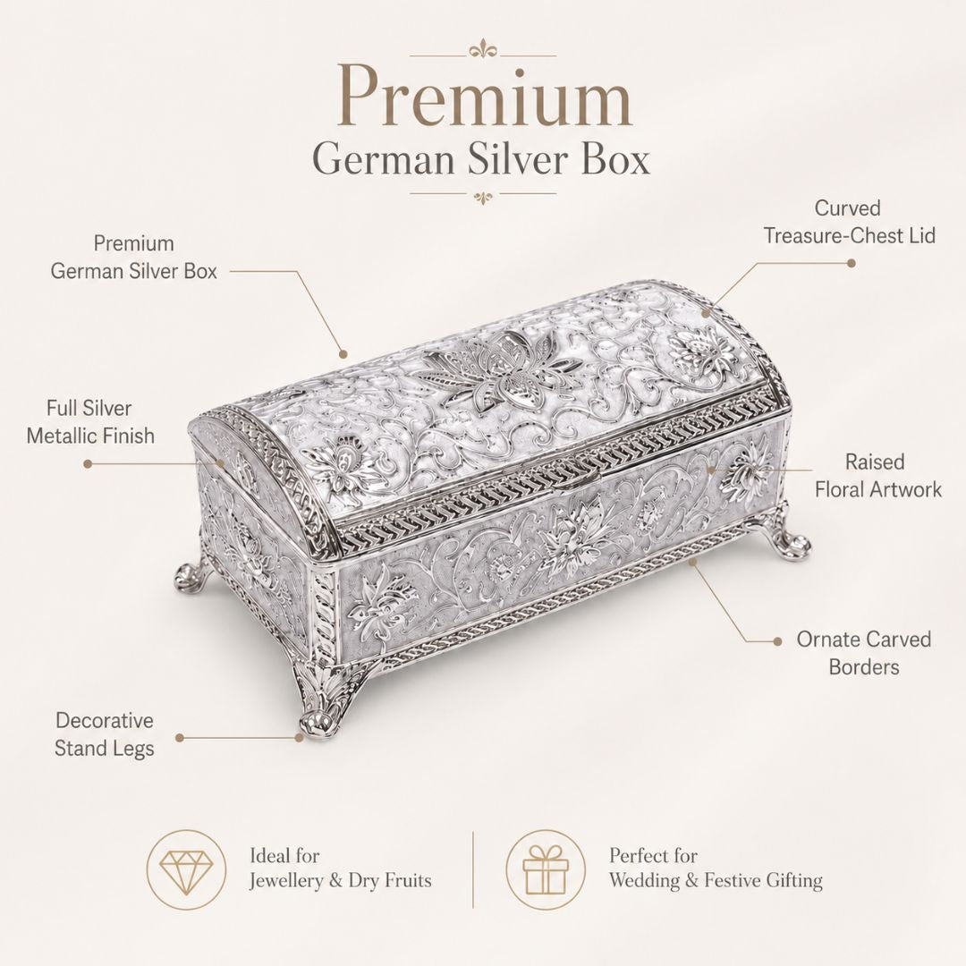 Royal German Silver Embossed Storage Box with Velvet Lining – Luxury Gifting & Décor Piece