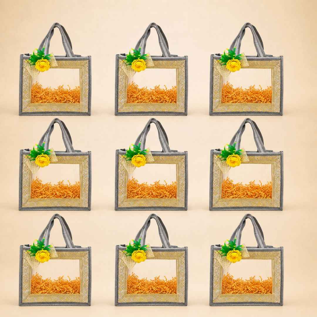 (Set of 5)Premium Grey Transparent Jute Gift Bag with Golden Lace Frame & Floral Decoration (10 x 14 Inches)