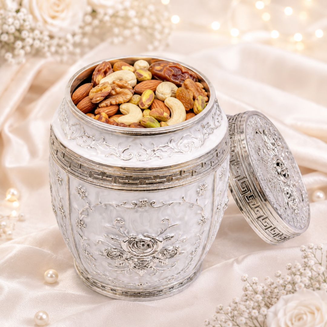 White Floral Silver Decorative Storage Jar (7 x 5 Inch) – Luxury Sweet & Dry Fruit Container
