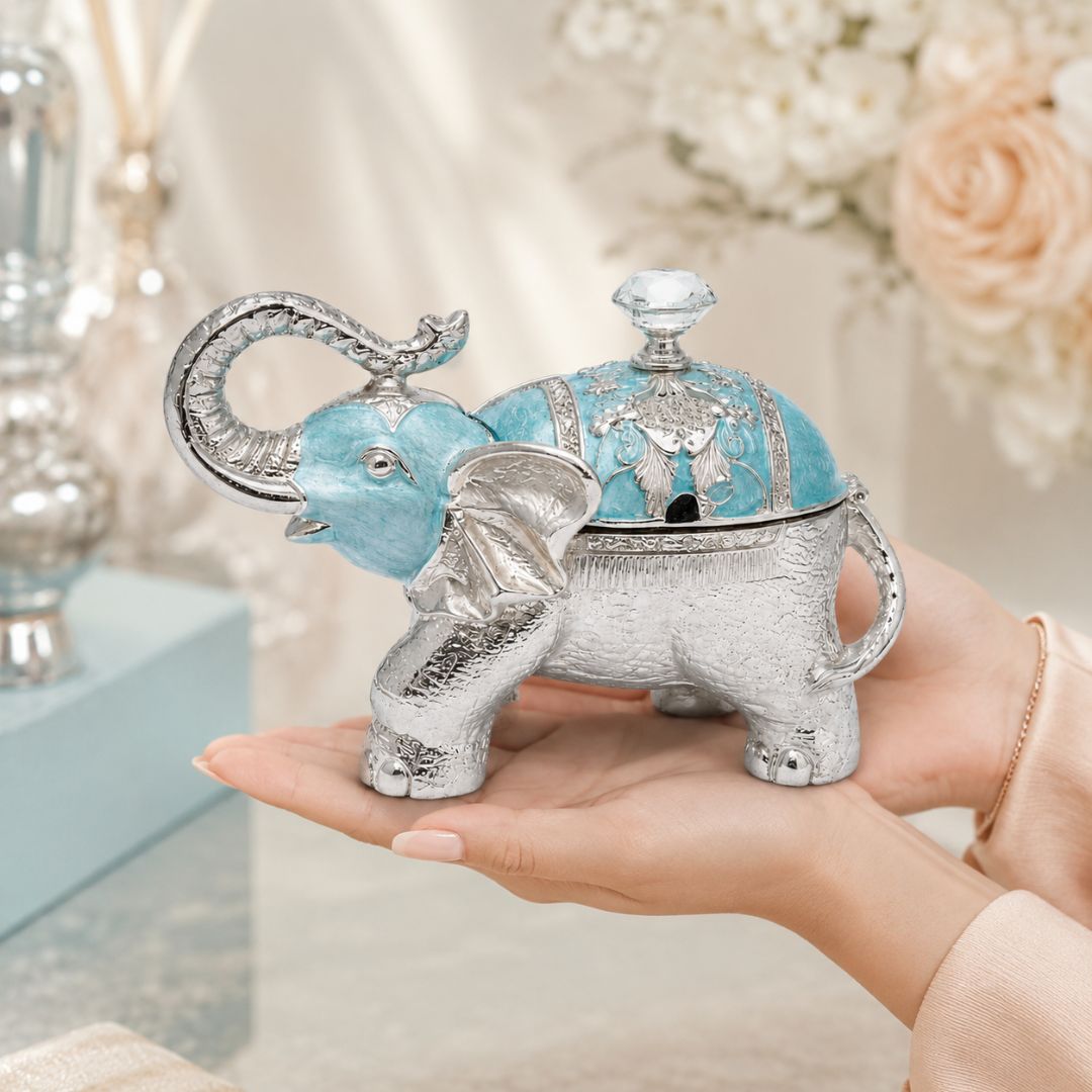 Luxury Silver Elephant Dry Fruit Box with Blue Enamel Finish | Decorative Storage & Gifting Box (8 x 6 Inch)
