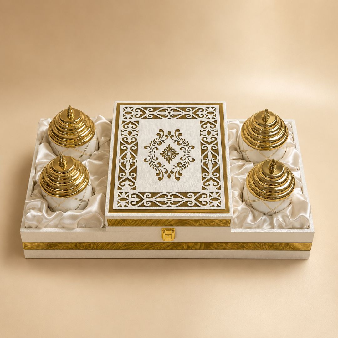 Ivory Gold 4 Jar Dry Fruit Gift Box Set with Decorative Centre Box