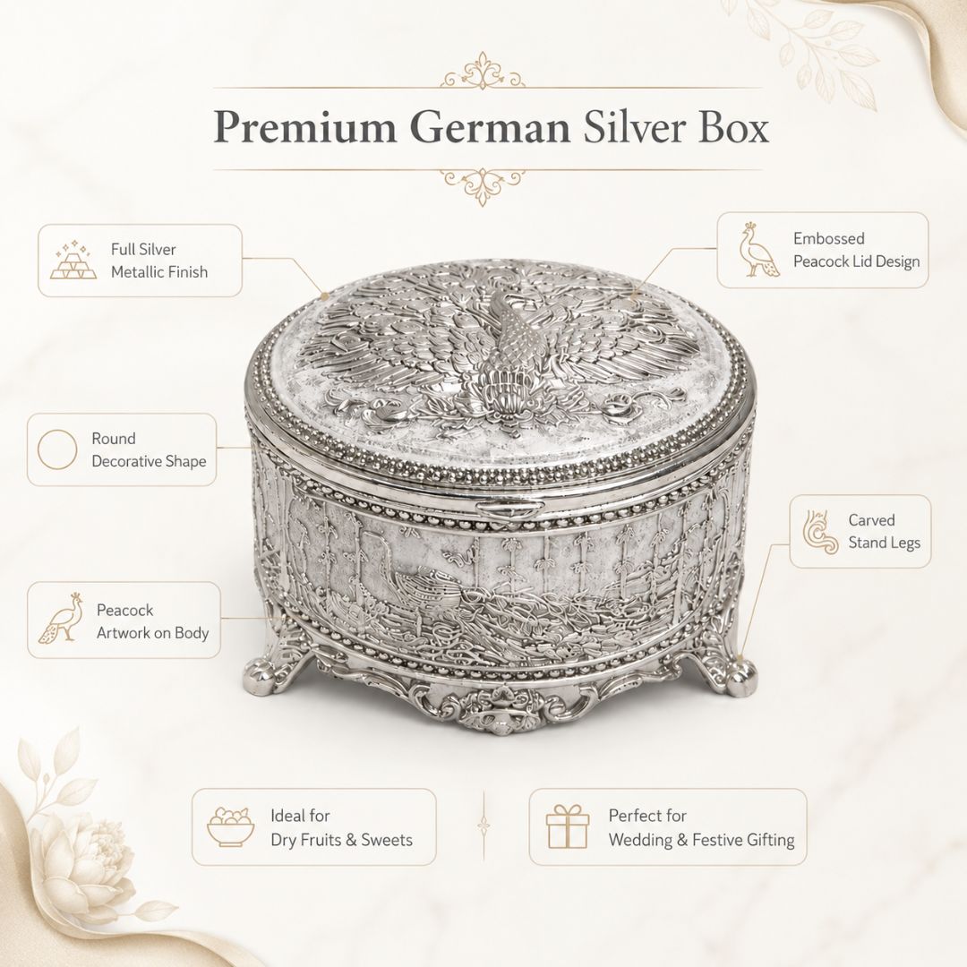 Adscraft Royal Peacock German Silver Jewelry & Dry Fruit Box with Velvet Lining (3 Inch)