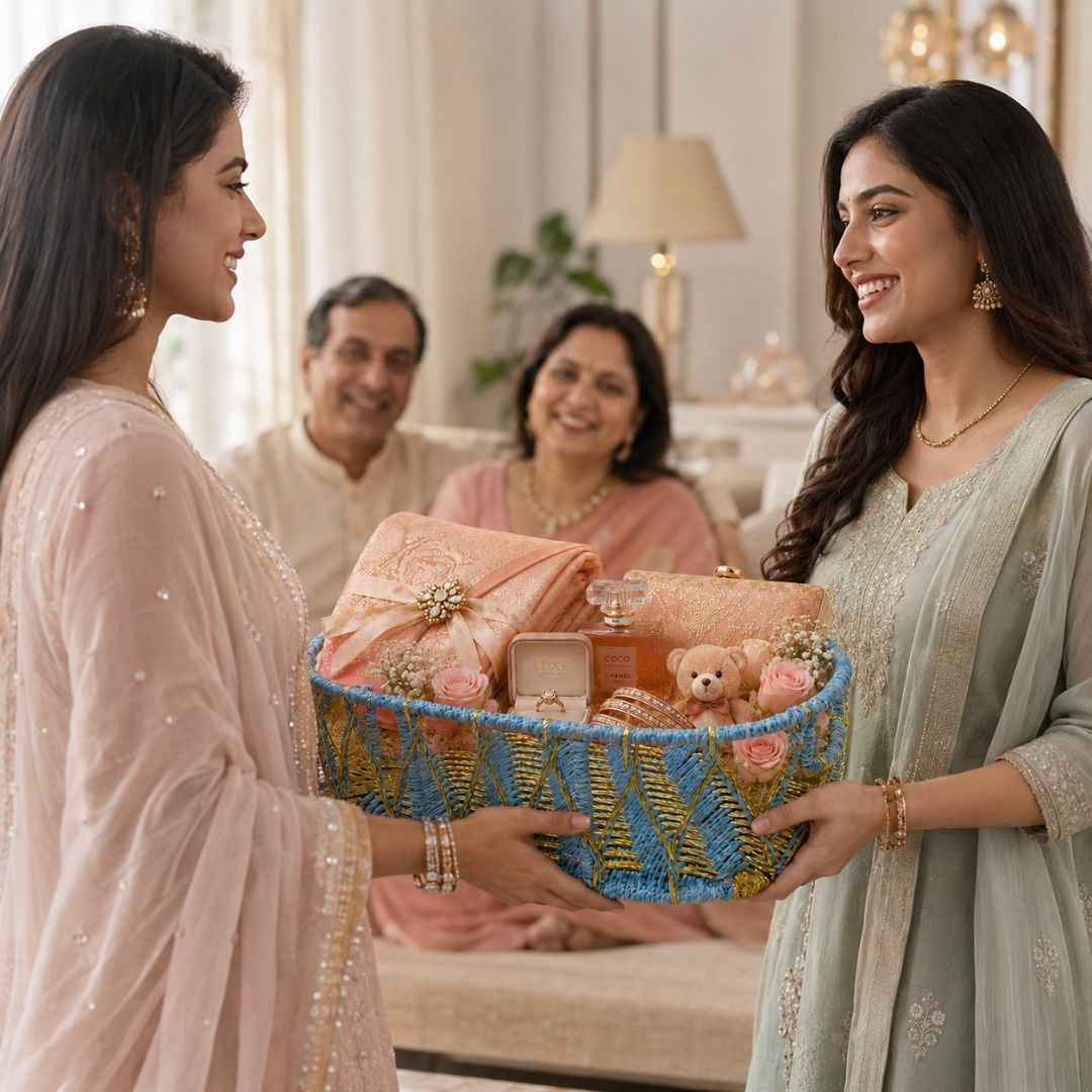 Sky Blue & Golden Decorative Basket Set of 3 – Premium Hamper Basket