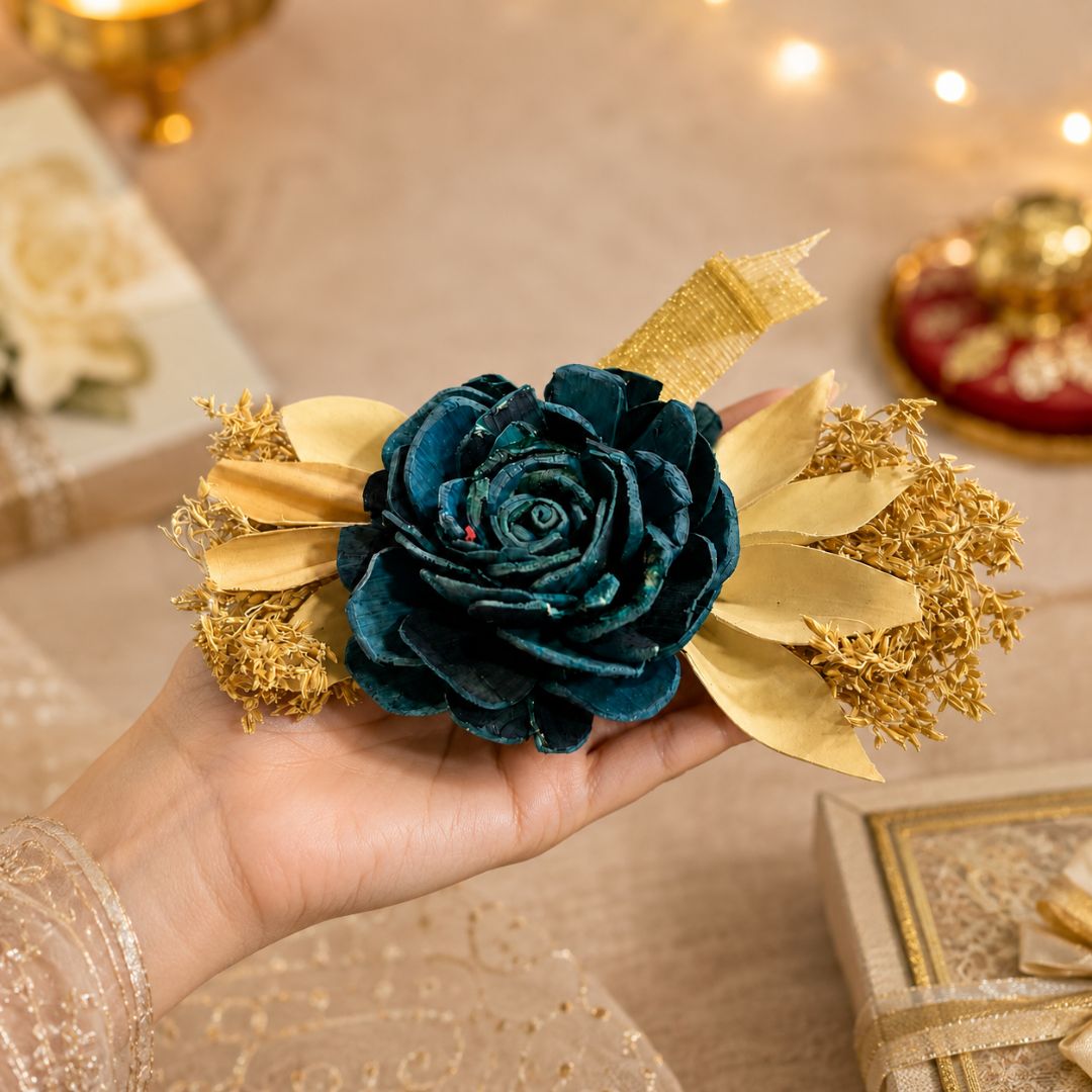 Set of 5 Teal Rose Decorative Accessories with Golden Leaves for Hamper & Trousseau Packing