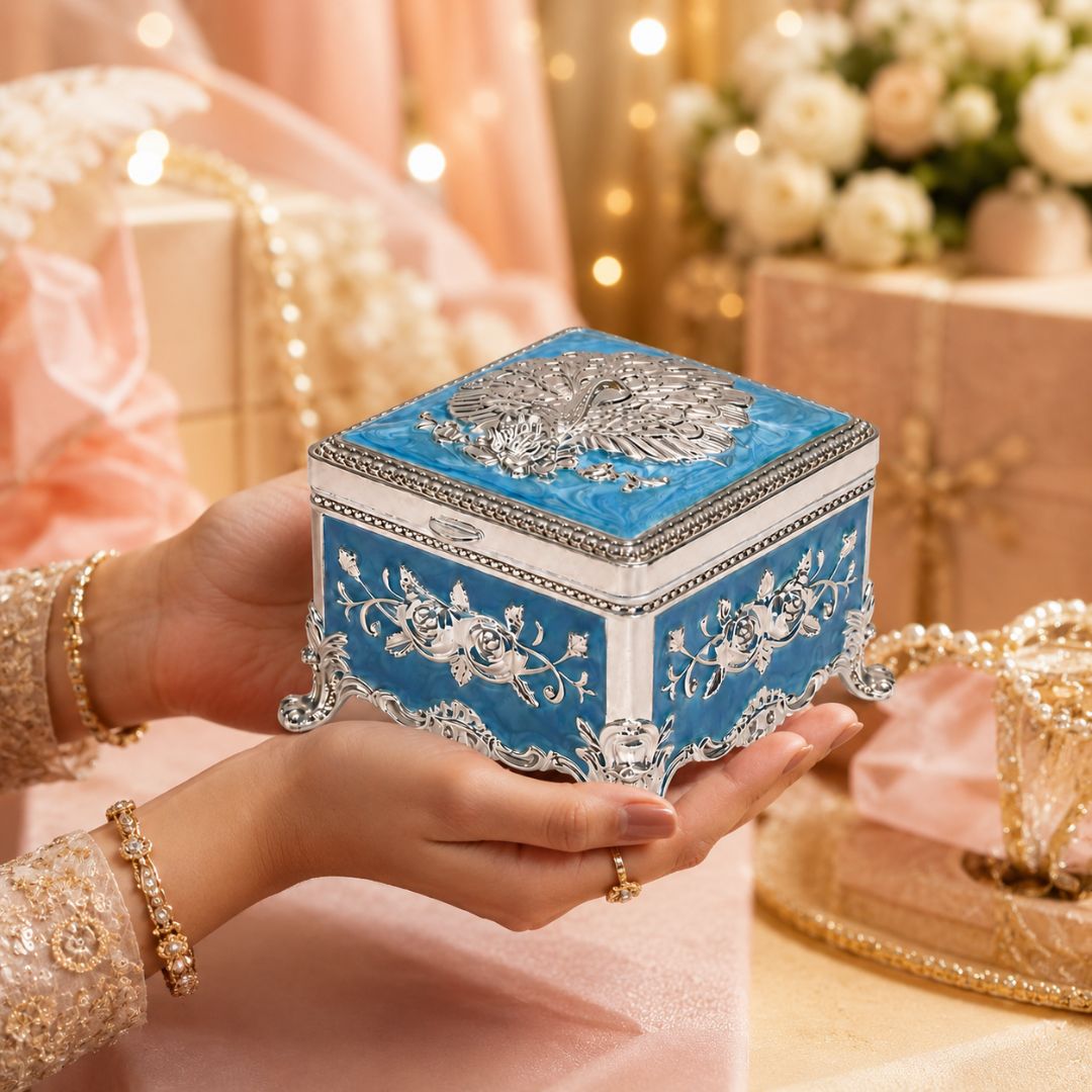 Premium Peacock Design German Silver Jewelry Box – Sky Blue (3 x 3 Inch)