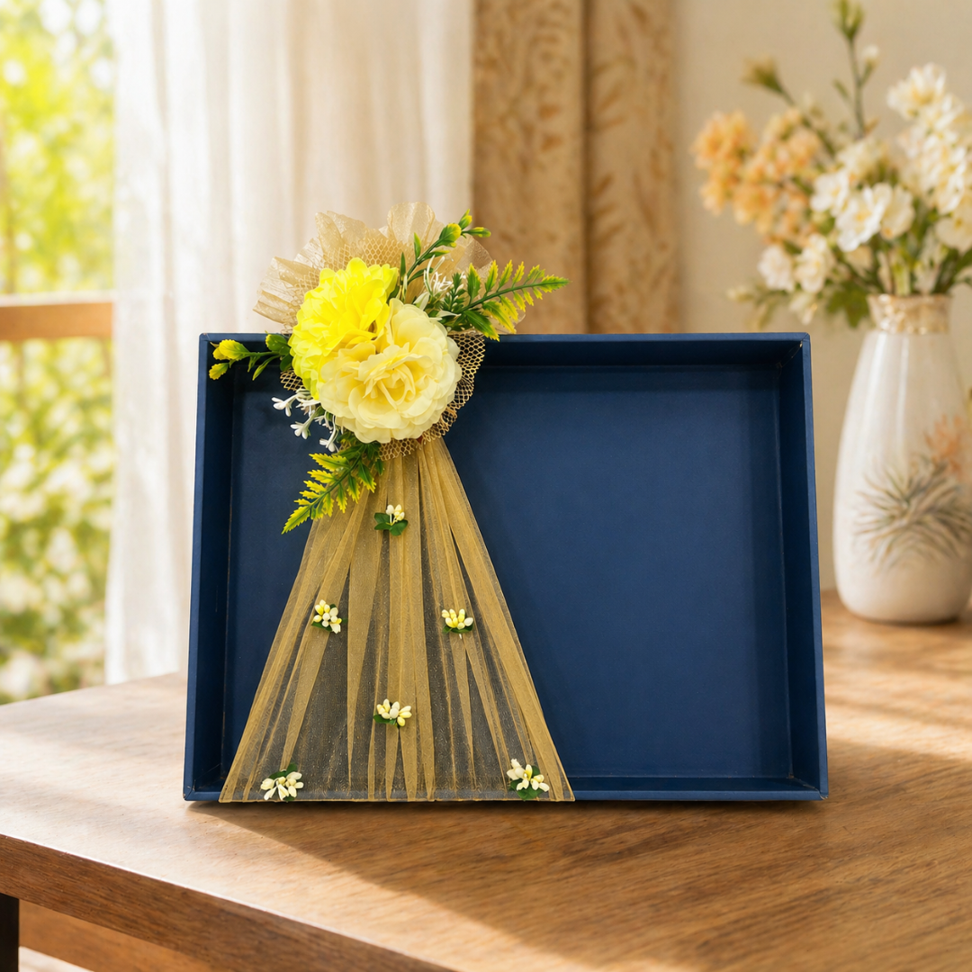 (Set of 3)Premium Navy Blue Ready-to-Use Gift Tray with Yellow Net & Floral Decor (16 x 12 Inch) - Adscraft.in