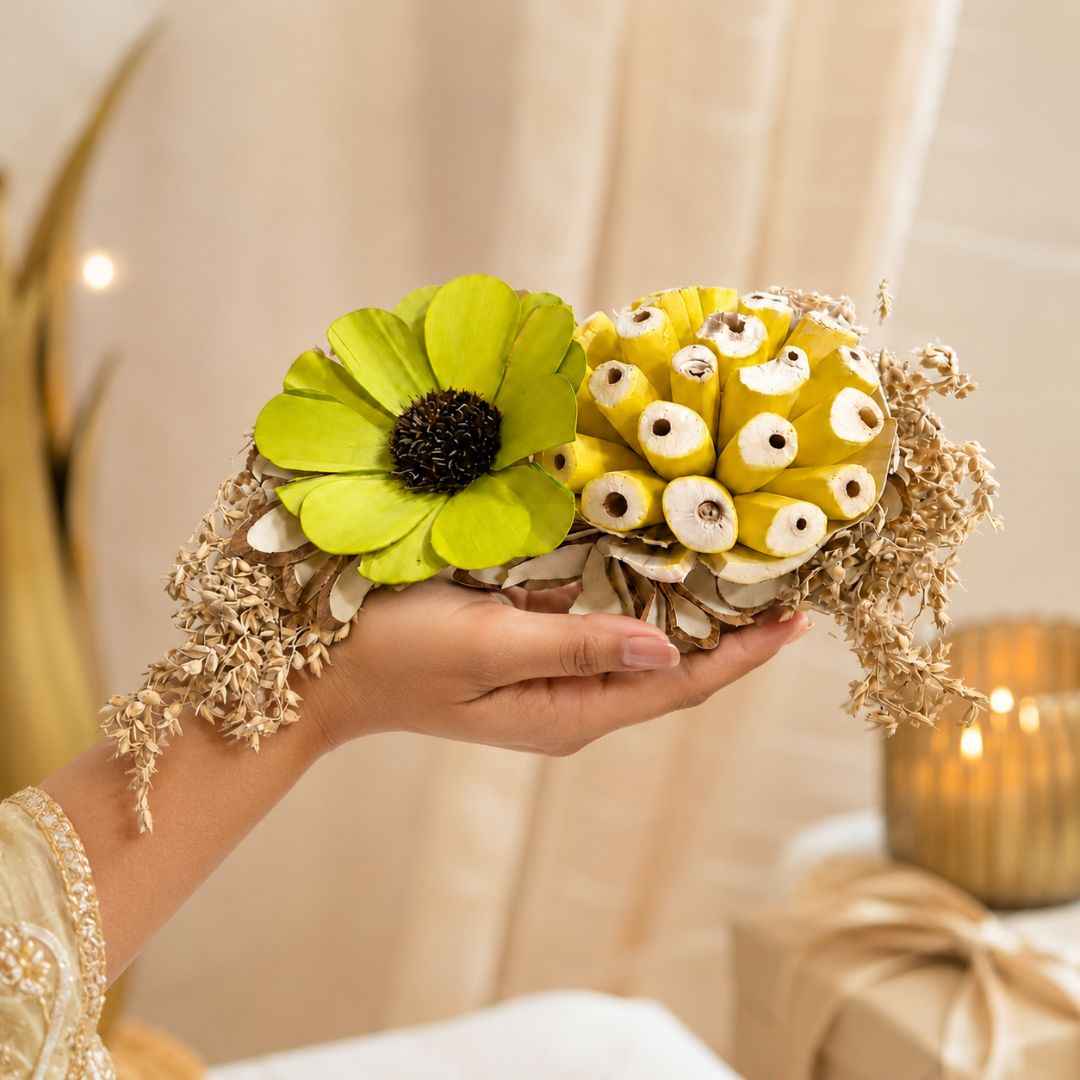 Set of 5 Green & Yellow Floral Decorative Accessories for Hamper & Trousseau Packing