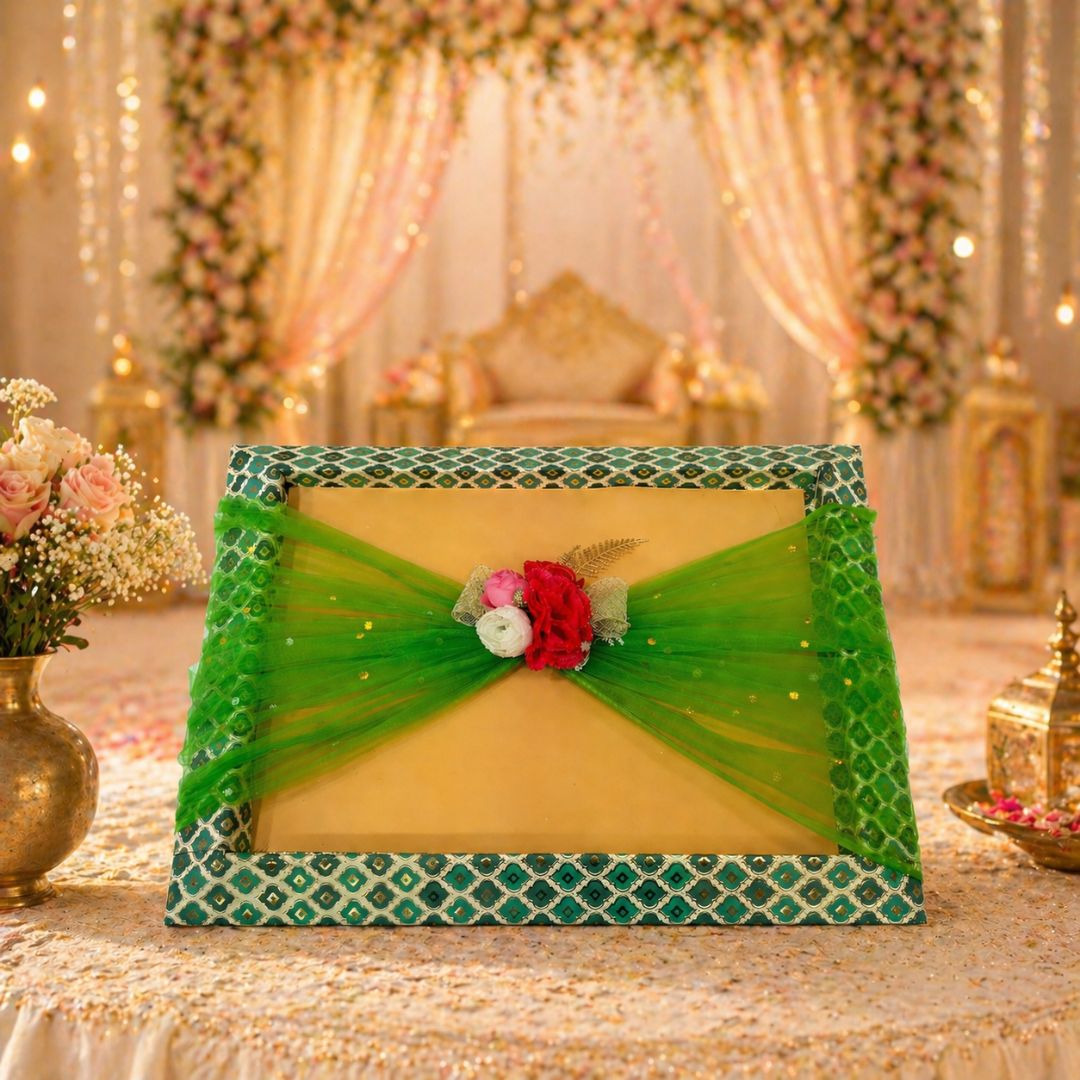 (Set of 3)Premium Green Net Decorative Gift Tray – Floral Center Design | 21 x 16 Inches