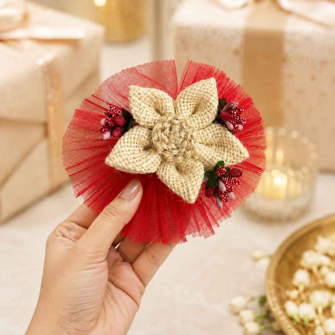 Set of 5 Jute Flower Decorative Accessories with Red Net for Hamper & Trousseau Packing