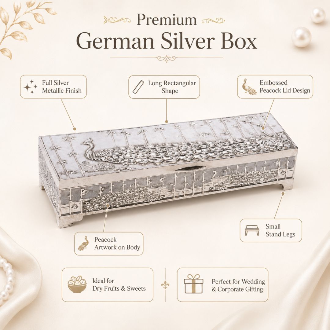 Premium German Silver Peacock Dry Fruit Box – Plain Silver Finish (9 x 3.5 x 2 Inch)
