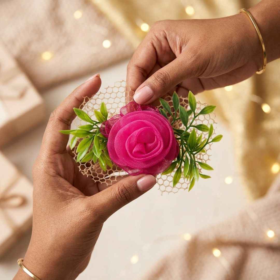Set of 5 Magenta Pink Net Flower Decorative Accessories for Hamper & Trousseau Packing