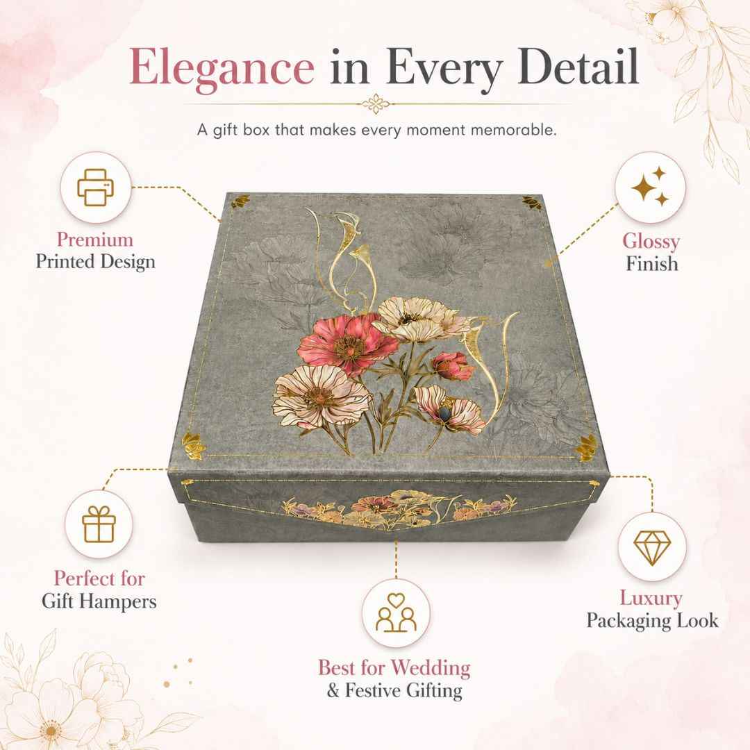 Pack of 5 Grey Floral Printed Square Gift Box – Premium Gift & Hamper Packaging Box