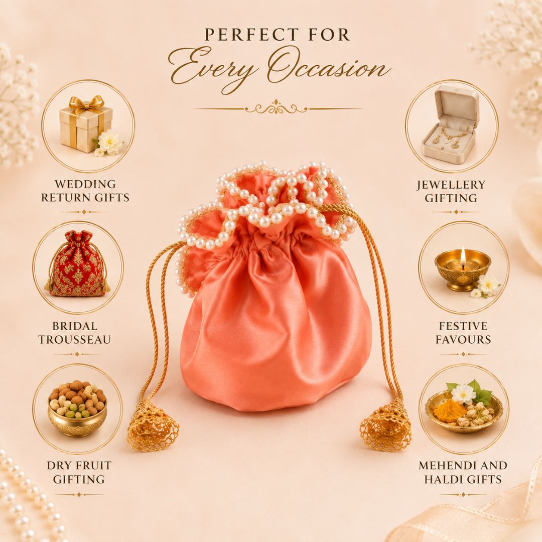 Pack of 5 -Peach Pearl Loop Drawstring Potli Bag