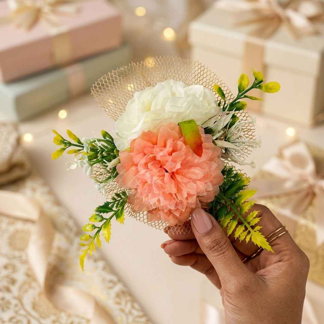 Peach & White Floral Net Decoration Accessory for Hamper Packing