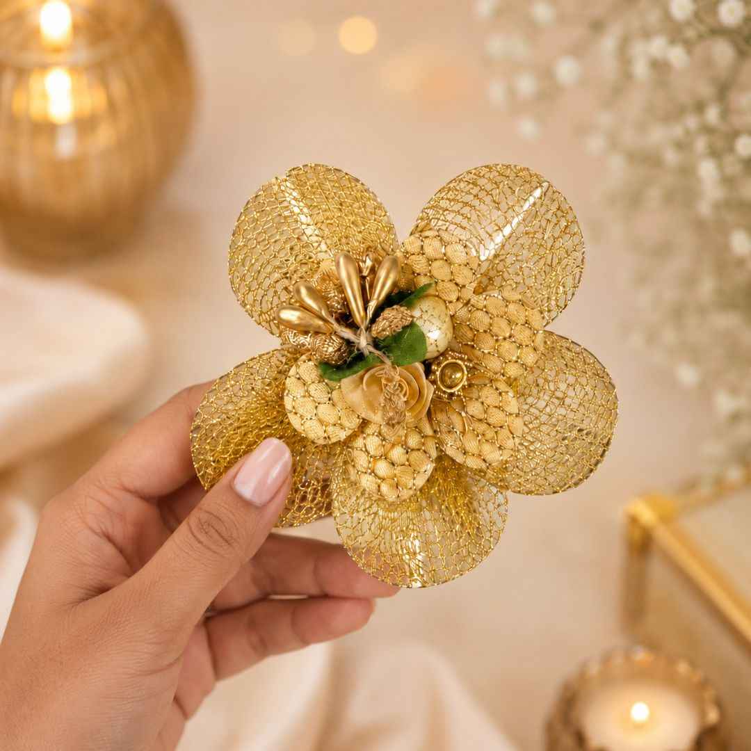 Set of 5 Golden Net Floral Decorative Accessories for Hamper & Trousseau Packing