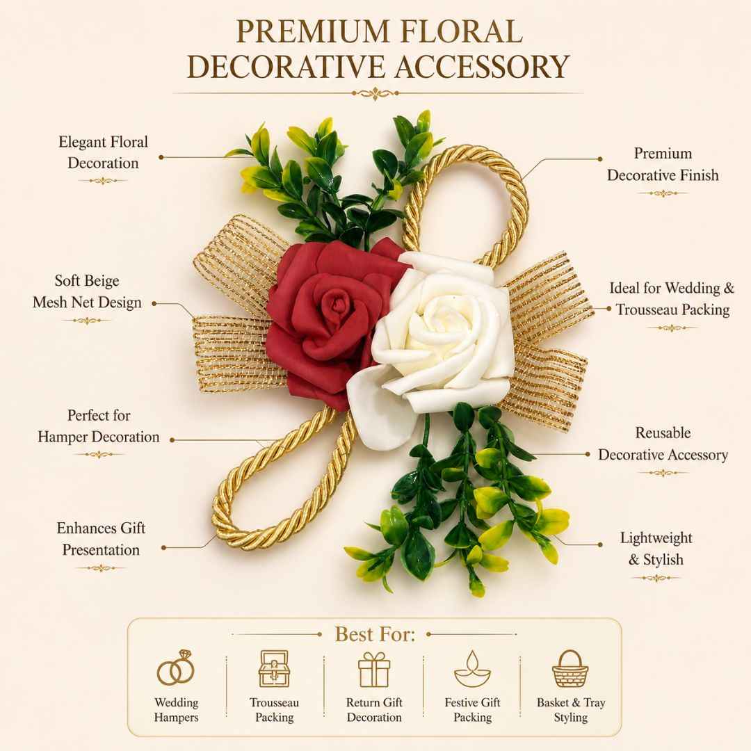 Pack of 5 Maroon & White Rose Golden Ribbon Decorative Accessories