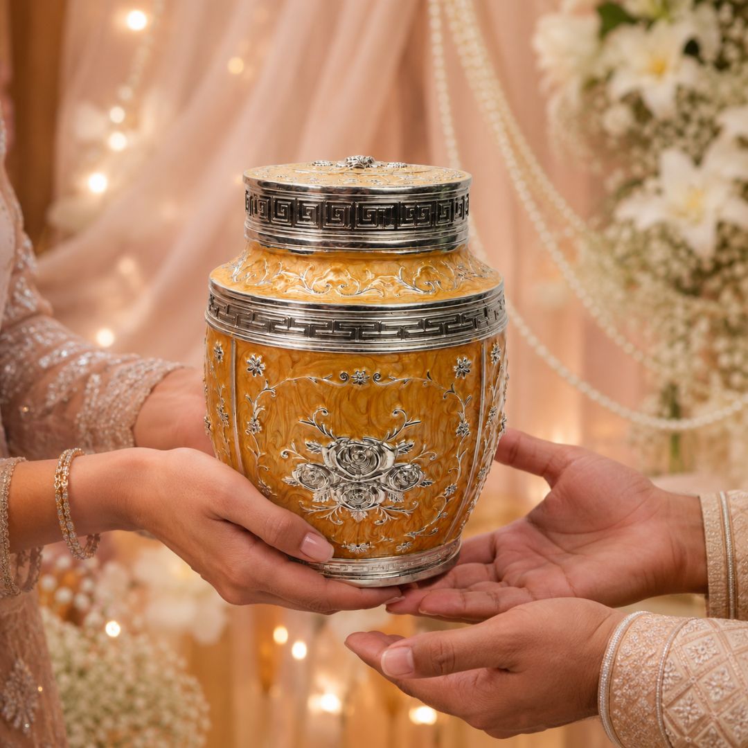 Luxury Orange Floral Silver Finish Storage Jar with Lid (7 x 5 Inch)
