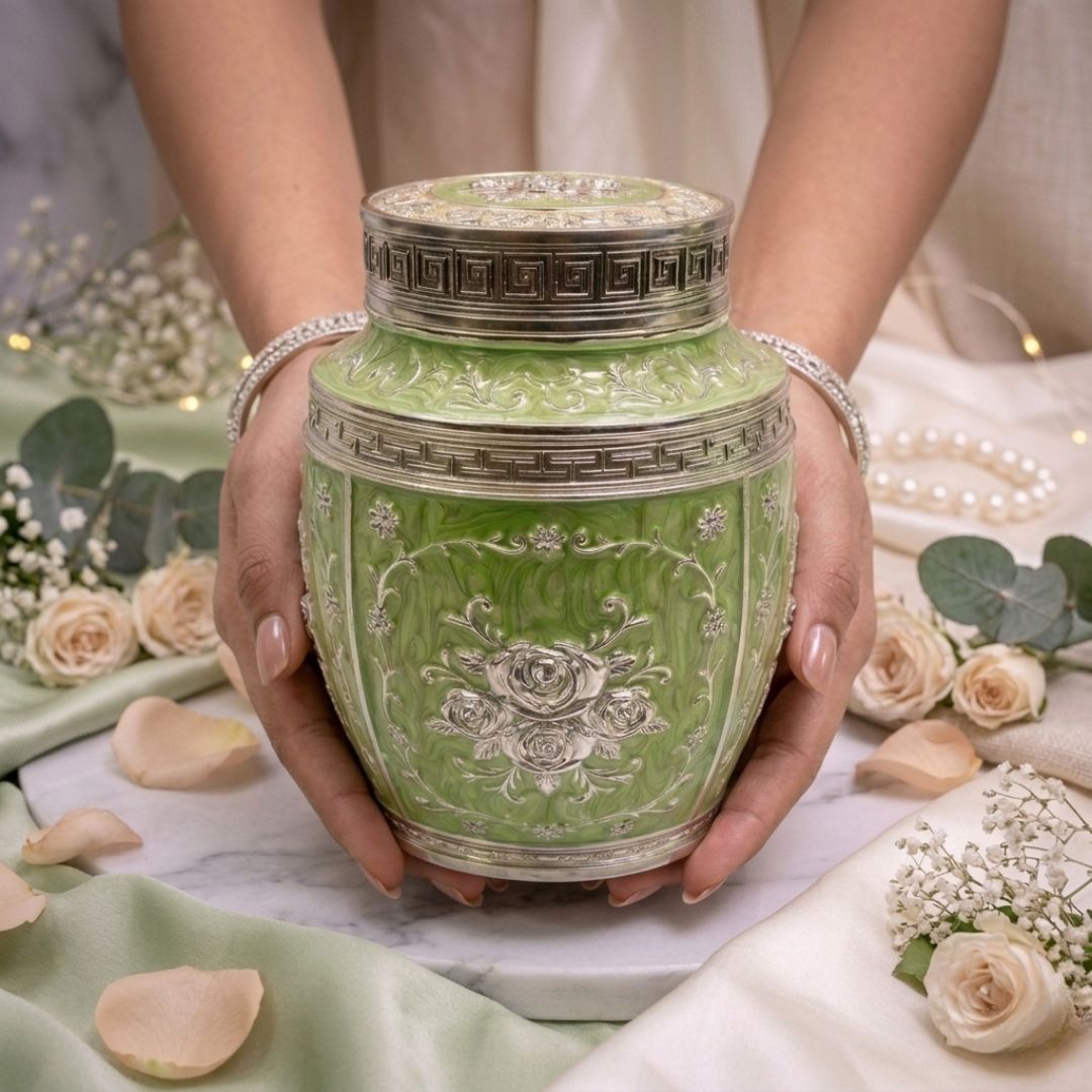 Luxury Green Floral Enamel Storage Jar with Silver Detailing – 7 Inch Decorative Dry Fruit & Sweet Container