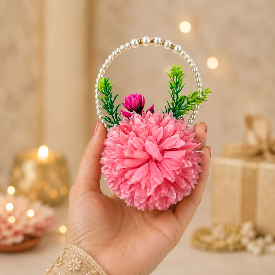 Set of 5 Coral Pink Pearl Loop Floral Decorative Accessories for Hamper & Trousseau Packing