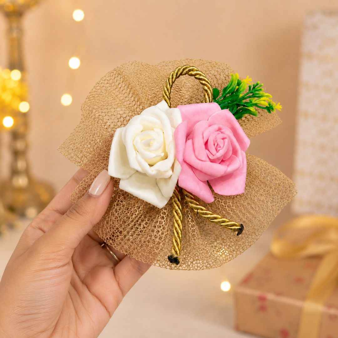 Pack of 5 Pink & White Rose Decorative Net Accessories for Hamper Packing