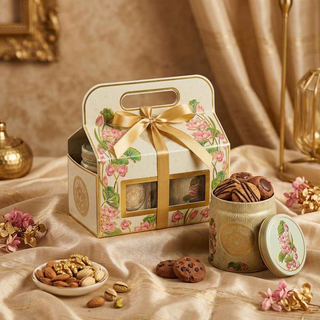 Pack of 6 Cream Lotus Printed 2 Jar Tin Gift Box with Handle