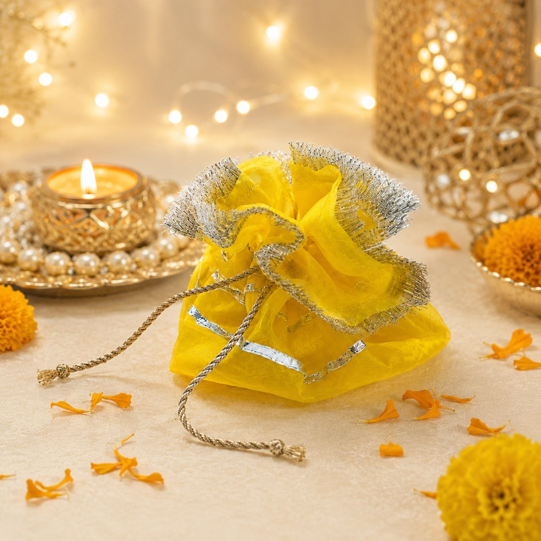 Pack of 5–  Bright Yellow Silver Lace Drawstring Potli Bag