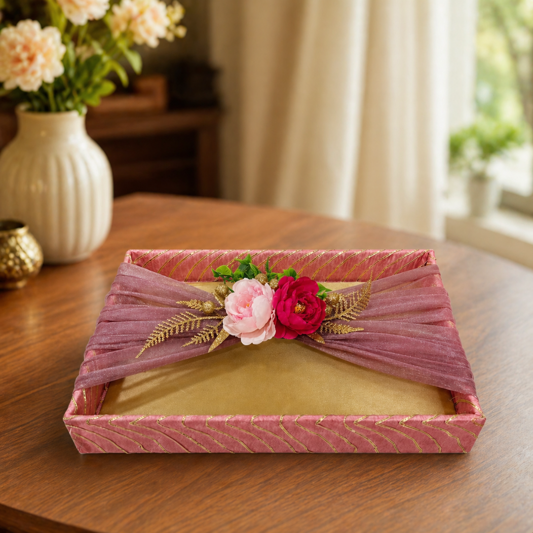 (Set of 2)Premium Pink & Gold Floral Net Gift Tray Set – Decorative Wedding Trousseau Trays - Adscraft.in