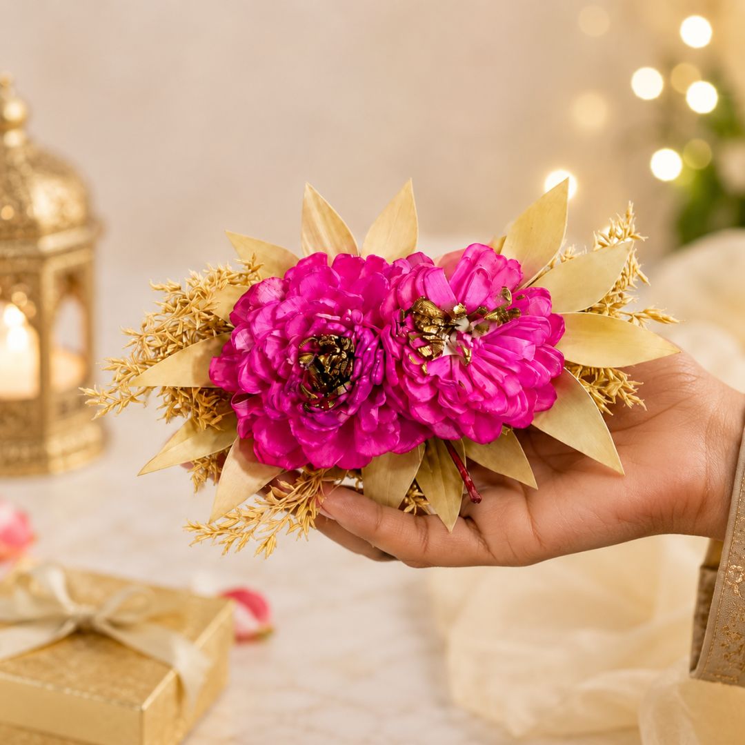 Set of 5 Hot Pink Floral Decorative Accessories for Hamper & Trousseau Packing