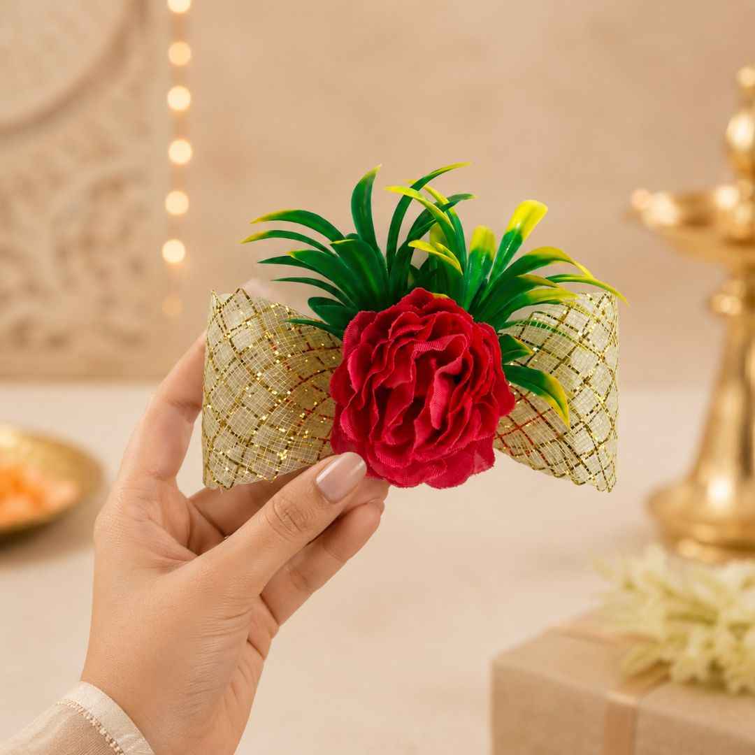 Set of 5 Red Floral Golden Bow Decoration Accessories for Hamper Packing