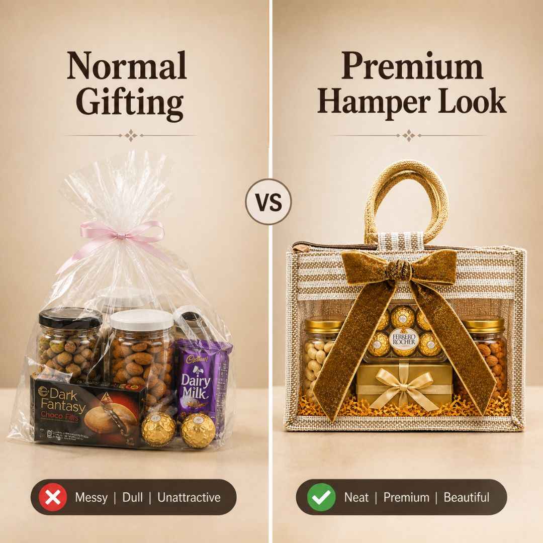 (Set of 5)Premium Jute Gift Bags with Transparent Window & Golden Bow – 12 x 15 Inches