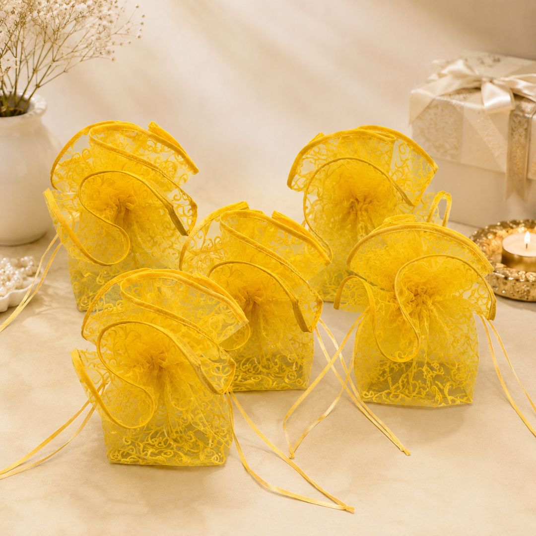 Pack of 5 Yellow Organza Potli Gift Bag
