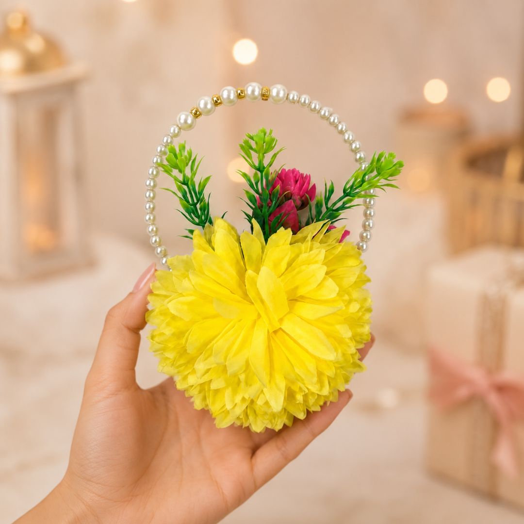 Set of 5 Yellow Pearl Handle Floral Decorative Accessories for Hamper & Trousseau Packing