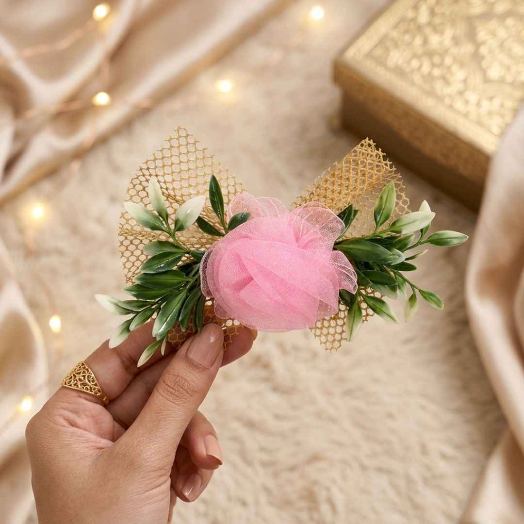 Set of 5 Pink Net Flower Decorative Accessories for Hamper & Trousseau Packing