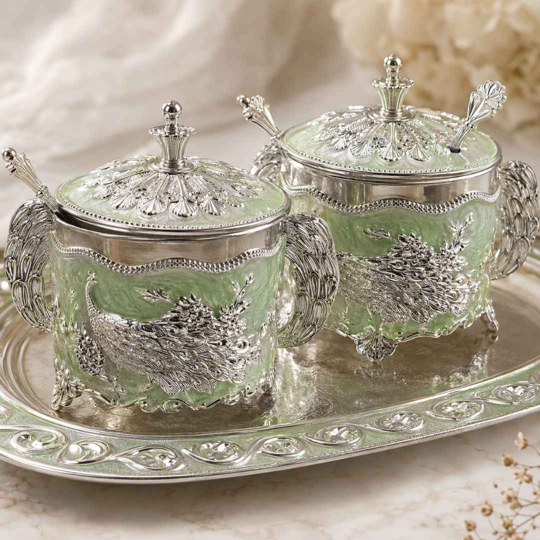 German Silver Green Peacock Container Set with Tray
