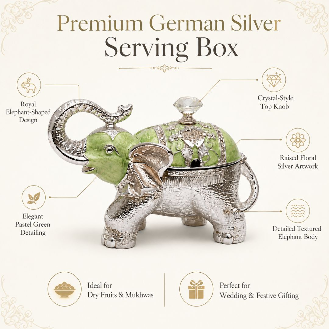 Luxury Silver Elephant Dry Fruit Box – Green Finish | 8 x 6 Inch Decorative Gift Box