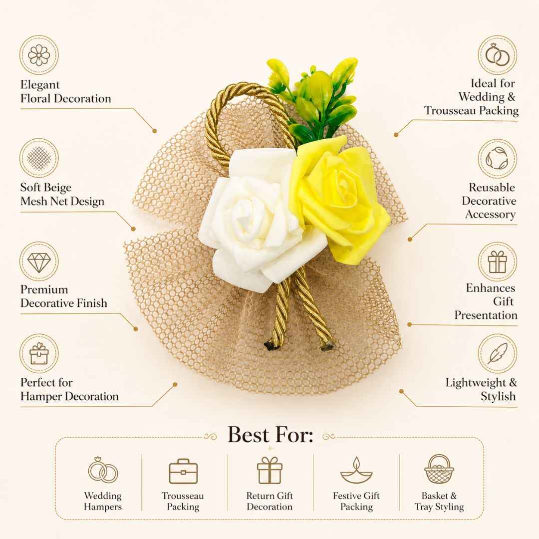 Pack of 5 Yellow & White Rose Net Decorative Accessories for Hamper Packing