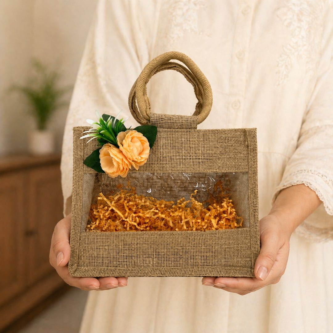 (Set of 5)Premium Jute Gift Basket with Transparent Window & Floral Accent – 11 x 13 Inch