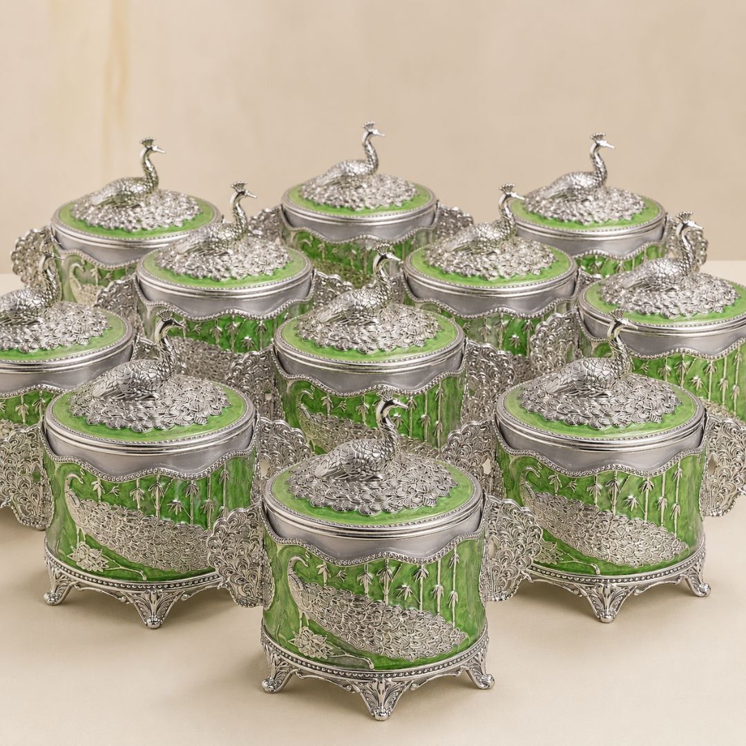 Luxury German Silver Peacock Dry Fruit Box with Handles – Green Enamel Finish (6 Inch) - Adscraft.in