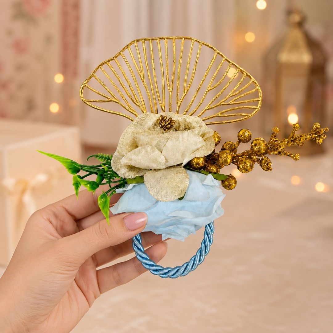 Set of 5 Blue & Gold Floral Decorative Accessories for Hamper & Trousseau Packing