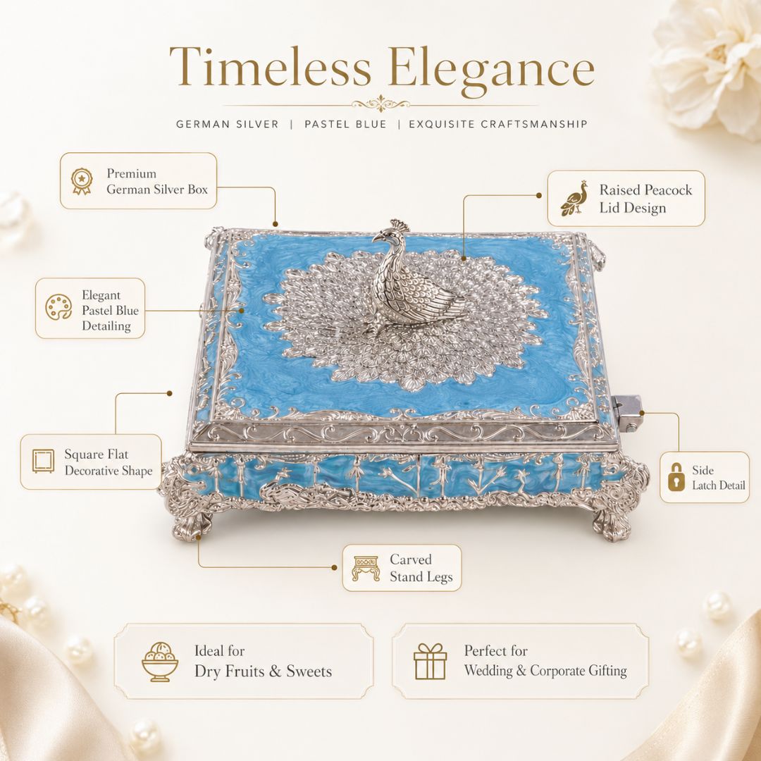 Premium German Silver Peacock Sweet & Dry Fruit Box with Blue Enamel Finish (5 x 5 x 2 Inch)