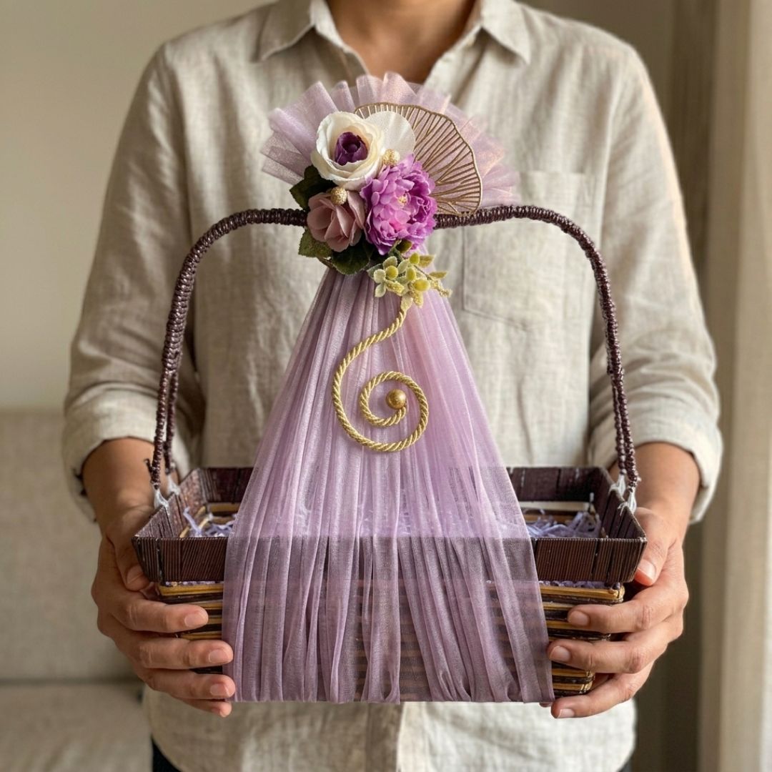 (Set of 3)Premium Lavender Net Gift Baskets with Floral Decor & Handle (16 x 12 Inches)