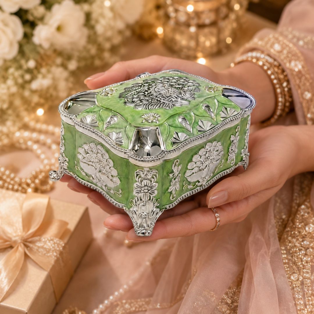 Green Enamel German Silver Decorative Jewellery & Keepsake Box (4 x 3 x 3 Inch)