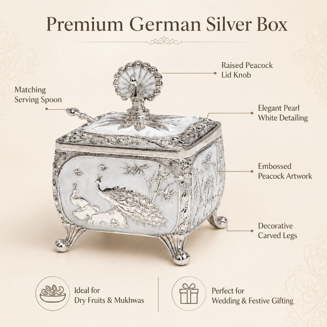 Royal White German Silver Peacock Dry Fruit Box (4 x 4 Inch) – Luxury Wedding & Festive Gift