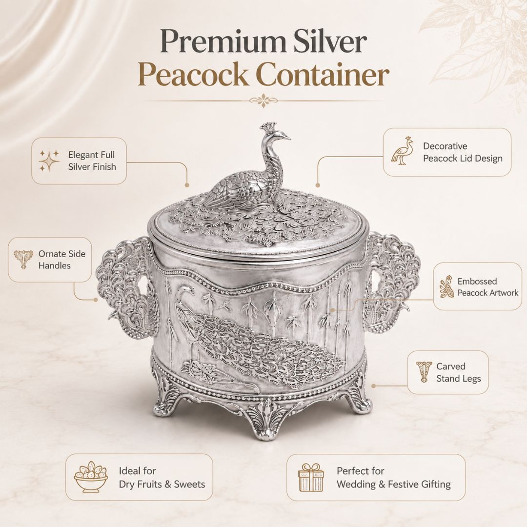 Royal Peacock German Silver Dry Fruit & Sugar Pot – Classic Silver Finish (4 Inch) - Adscraft.in