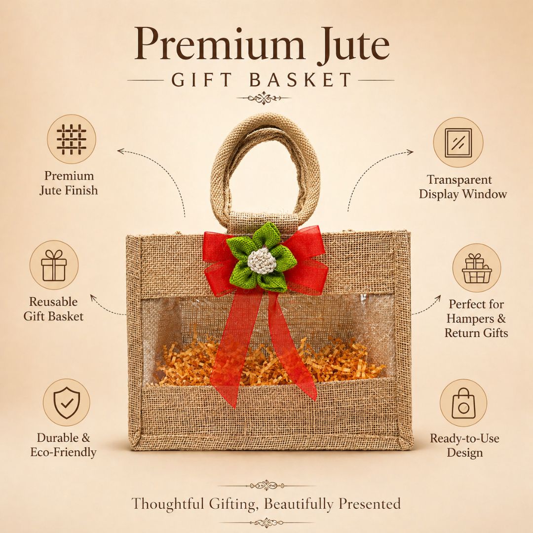 (Set of 5)Premium Jute Window Gift Basket with Handle & Floral Ribbon – 10 x 8 Inches