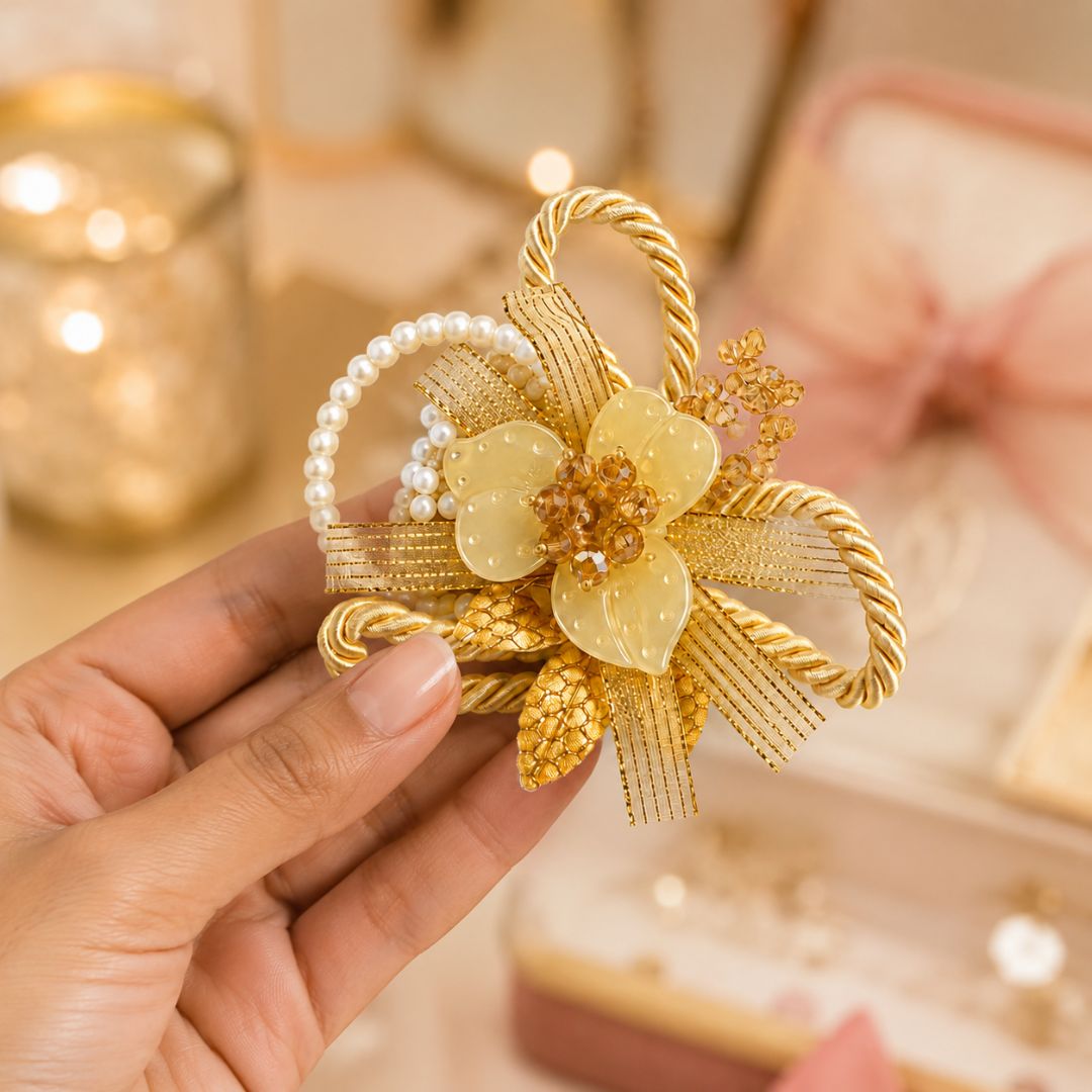 Set of 5 Golden Pearl Loop Floral Decorative Accessories for Hamper & Trousseau Packing