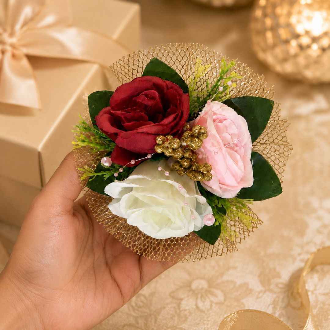 Set of 5 Red, Pink & White Floral Decorative Accessories for Hamper & Trousseau Packing